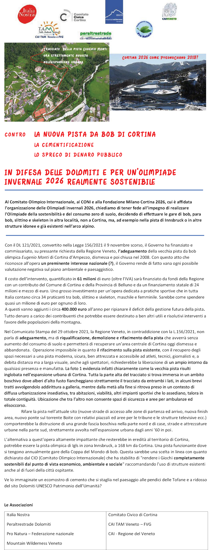 Petizione contro pista da bob a Cortina d'Ampezzo