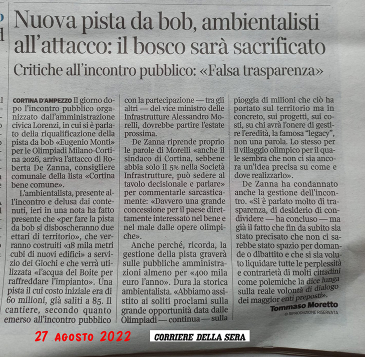 Corriere della sera 27 agosto 2022 - Cortina bob